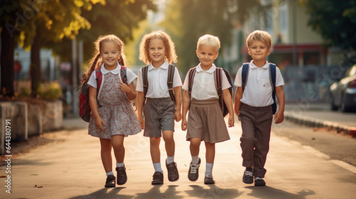 Group of Funny young children walking together in friendship,  On their first day of school, back to school concept. Generative Ai