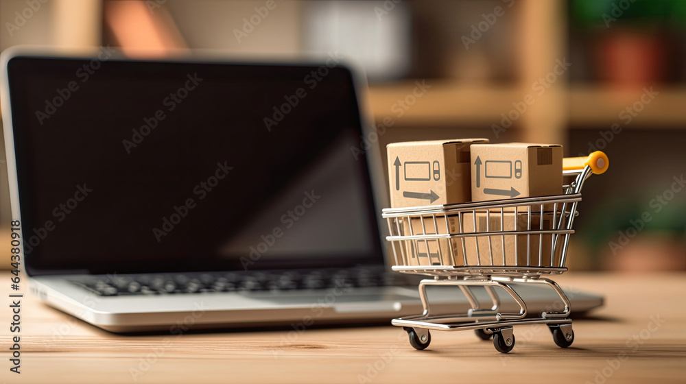 Online shopping concept, Small cardboard box with miniature shopping cart standing in front of laptop. Generative Ai