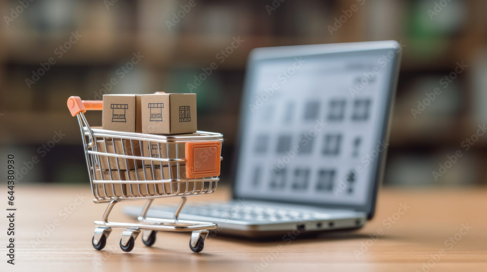 Online shopping concept, Small cardboard box with miniature shopping cart standing in front of laptop. Generative Ai