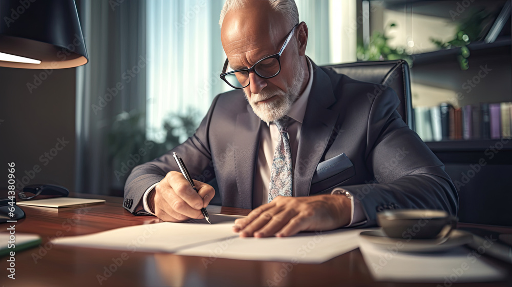 A Serious business man sitting at desk and signing documents in a professional office. Generative Ai A Serious business man sitting at desk and signing documents in a professional office. Generative Ai