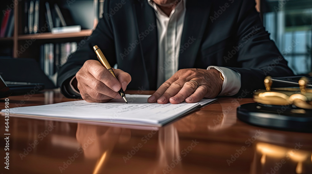 A Serious business man sitting at desk and signing documents in a professional office. Generative Ai A Serious business man sitting at desk and signing documents in a professional office. Generative Ai