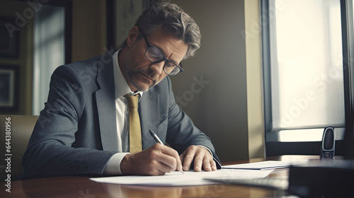 A Serious business man sitting at desk and signing documents in a professional office. Generative Ai