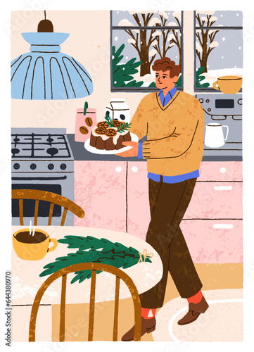 Man with Christmas pudding in cozy kitchen. Person holding festive cake, cooked bakery, sweet food for Xmas eve, advent celebration. Hygge home on winter holidays, card. Flat vector illustration