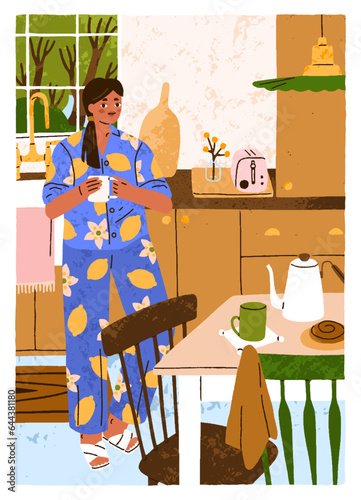 Girl in cozy kitchen interior, at modern hygge home. Young woman standing with mug, drinking tea in morning on holiday, weekend. Female character in pajamas with coffee cup. Flat vector illustration