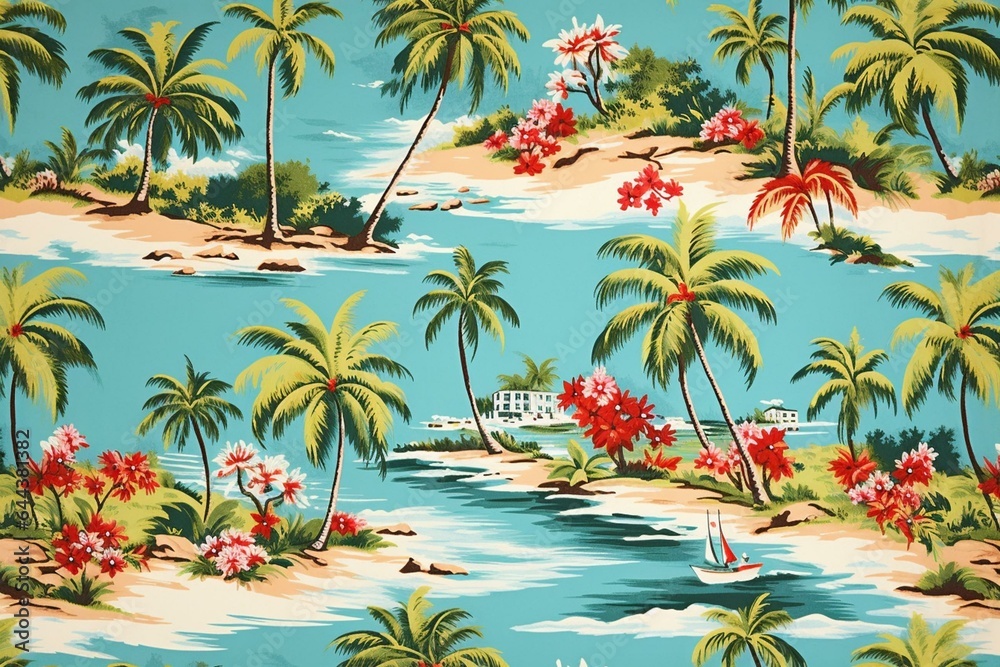 Blue vintage Hawaiian barkcloth with tropical island scenes in a seamless repeat pattern. Generative AI