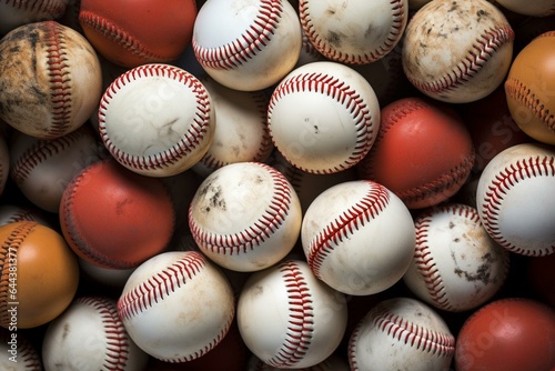Group of used baseballs; artistic sports background. Generative AI