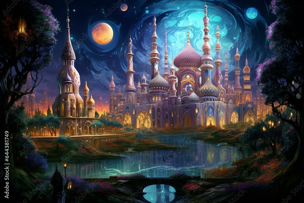 Vibrant mosque artwork depicting Ramadan and Eid al-Fitr. Generative AI
