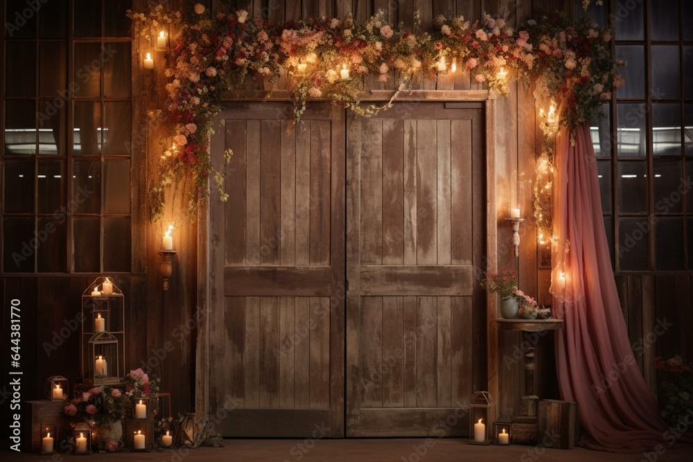 A barn door decorated with flowers, candles, and curtains, with lights and a window in the background. Generative AI