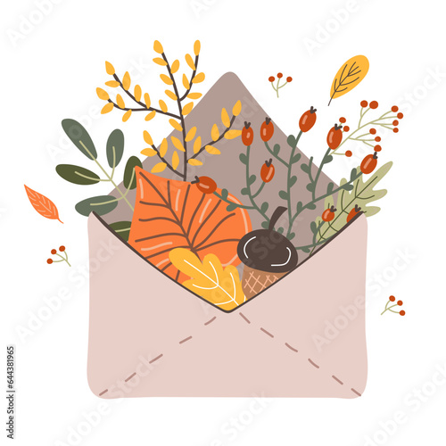 Autumn envelope with twigs and leaves isolated on a white background. Hand drawing. Vector illustration
