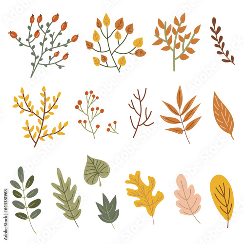 Leaves and twigs autumn. Hand drawing. Set of elements. Vector illustration