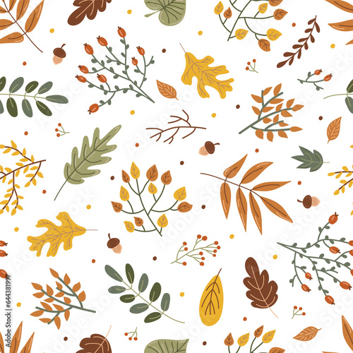 leaves and branches. Autumn print. Hand drawing. Simple pattern. Vector illustration