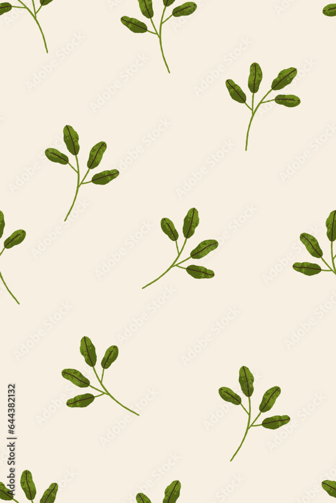 Leaf plants, seamless pattern. Endless botanical background, green leaves, branches, twigs. Repeating print, texture design for textile, fabric, cloth, wrapping, decoration. Flat vector illustration