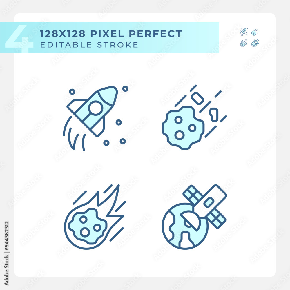 Cosmic exploration pixel perfect light blue icons. Space research. Futuristic technology. Astronomy science. RGB color. Website icons set. Simple design element. Contour drawing. Line illustration