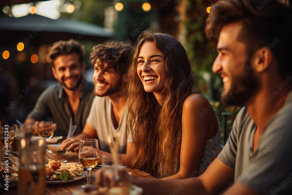 A Group of Friends Share Laughter and Delight as They Enjoy a Scrumptious Dinner at an Outdoor Restaurant. created with Generative AI