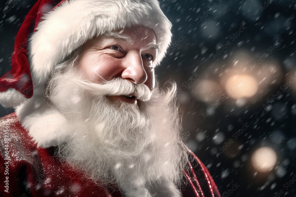 A happy Santa Claus laughing. Photo of happy Santa Claus outdoors in snowfall carrying gifts to children. Smiling Santa Claus in winter Christmas scenery with snow falling. Jolly Santa Claus relaxing