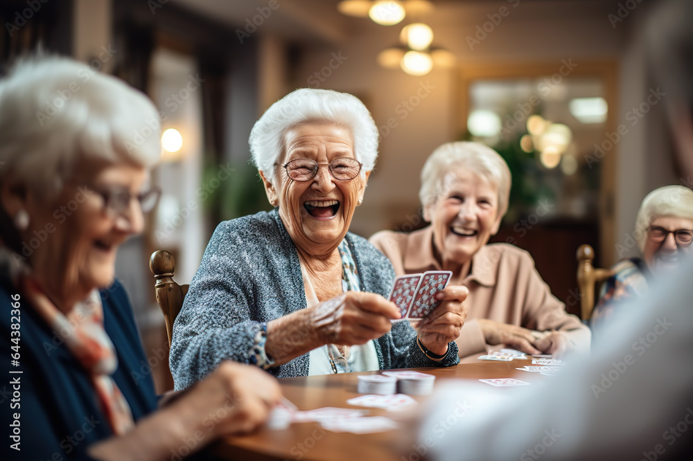 Seniors Find Joy in Playing Cards, Sharing Laughter, and Building Camaraderie in a Warm Retirement Nursing Home Atmosphere. created with Generative AI