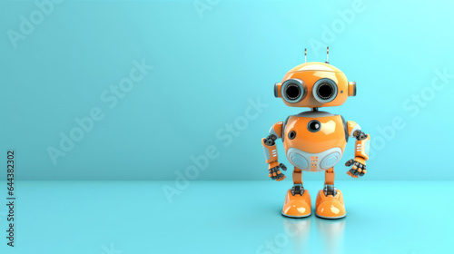 Friendly cute cartoon robot - 3d render. Technology concept. Customer support chatbot, online consultant, assistant. Kawaii bot with smiling face on the screen. Robotic toy.