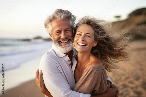 A Joyful Middle-Aged Couple, a Man and Woman, Sharing a Heartfelt Hug on a Sun-Kissed Beach. created with Generative AI