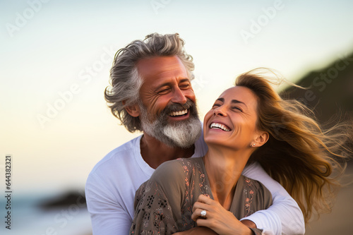 A Joyful Middle-Aged Couple, a Man and Woman, Sharing a Heartfelt Hug on a Sun-Kissed Beach. created with Generative AI