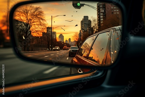 Reflection of city road on car's rearview mirror. Generative AI