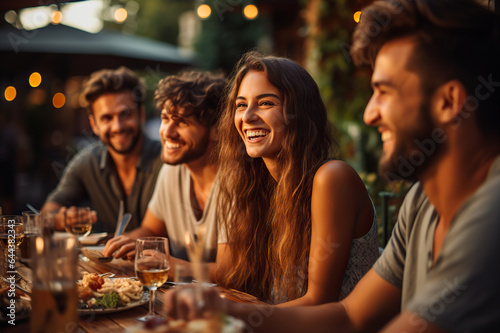 A Group of Friends Share Laughter and Delight as They Enjoy a Scrumptious Dinner at an Outdoor Restaurant. created with Generative AI © photobuay