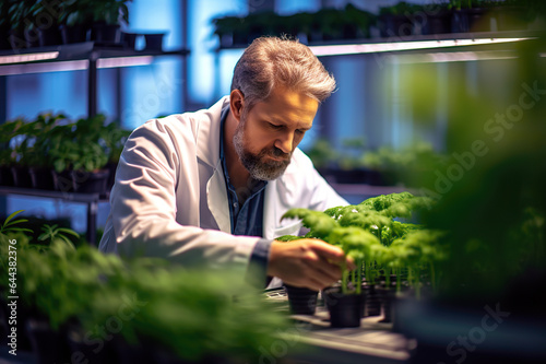 A Botanist Conducts Experiments in a High-Tech Lab  Combining Genetic Engineering and Hydroponics to Advance Plant Research. created with Generative AI