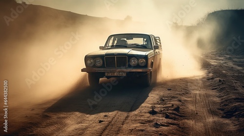 Sunset Drive: Off-Road Adventure with Vintage SUV, Speed through Nature's Landscape on an Exciting Car Rally, generative AI