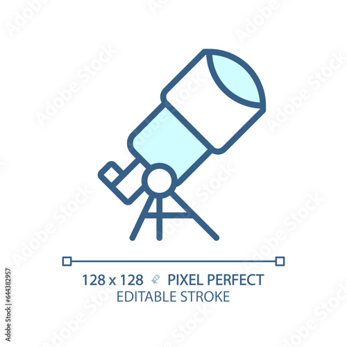 Telescope pixel perfect light blue icon. Star gazing. Space discovery. Astronomy education. RGB color sign. Simple design. Web symbol. Contour line. Flat illustration. Isolated object