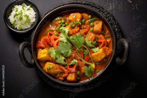 Veg curry in black bowl on slate table. Vegetarian Asian meal. Top view. Generative AI