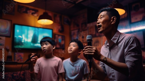 Father and son singing in a karaoke room. Generative AI