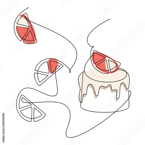 Vector dessert icon. Cream cupcake muffin lemon cake line continuous drawing illustration. Hand drawn linear doodle. Graphic design, banner, card, cartoon poster, brochure, logo, symbol, sign, menu.