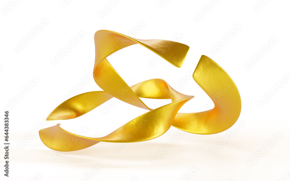 Gold twisted mobius stripes 3d render. Abstract infinite loops, connected metal links or jewelry rings. Spiral ribbons, decorative elements, art object isolated on white background. 3D illustration