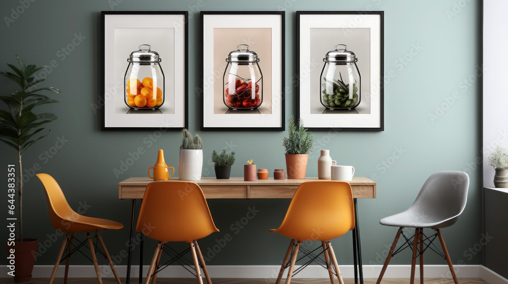 Fototapeta premium Contemporary Living at Its Finest: A Modern Room Seamlessly Merging Kitchen and Dining Spaces with a Stylish Table as the Heart of the Home