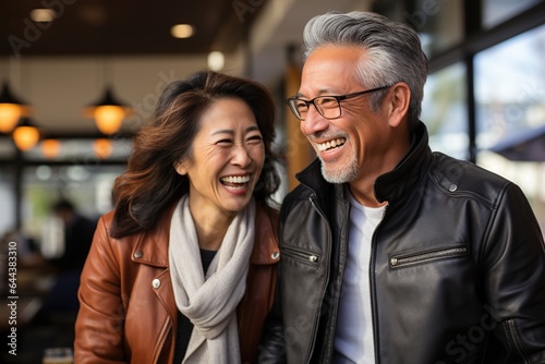 Mature asian couple celebrate at coffee bar. Generative AI © Marcela Ruty Romero