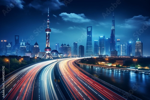 Nighttime cityscape of Shanghai over bridge and road. Generative AI