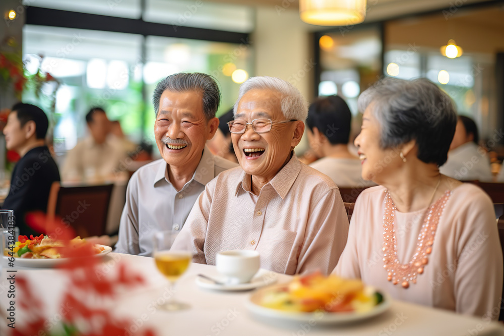 Senior Asian Citizens Relishing Companionship and Smiles at a Vibrant Social Club Gathering. created with Generative AI