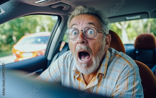 A shocked and surprised elderly man driving car