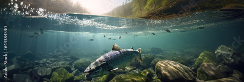 Foto Salmon fish swimming the white water rivers of northern territory or Alaska
