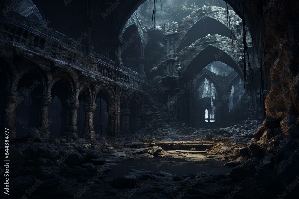 Medieval temple ruins in a mountain, underground and dark. Generative AI