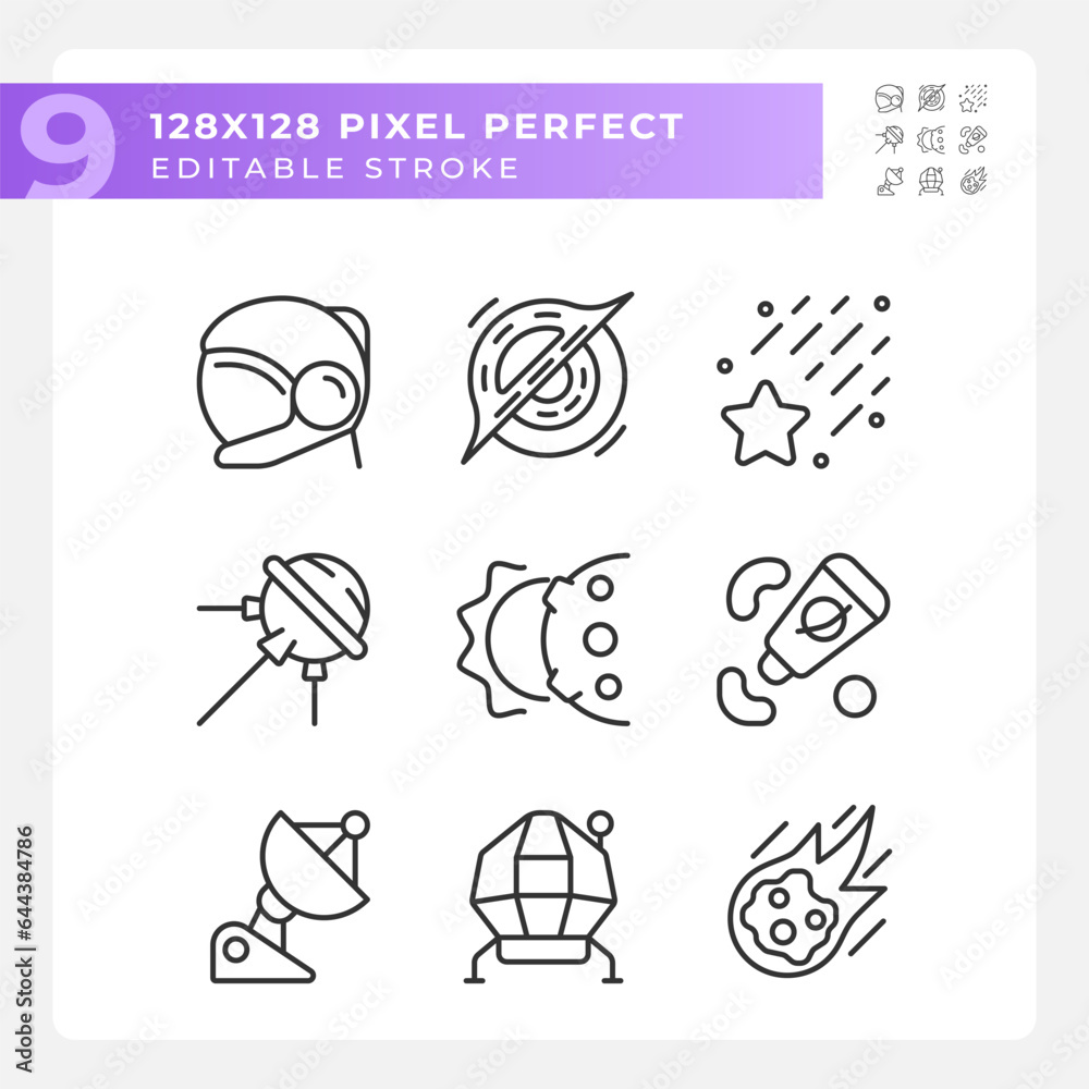 Space station pixel perfect linear icons set. Zero gravity. Celestial event. Science research. Customizable thin line symbols. Isolated vector outline illustrations. Editable stroke
