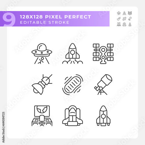 Science fiction pixel perfect linear icons set. Space ship. Sci fi. Alien contact. Extraterrestrial life. Customizable thin line symbols. Isolated vector outline illustrations. Editable stroke