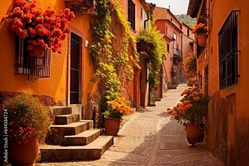 A quaint village street in Spain or Italy, with warm terracotta hues and narrow pathways. Generative AI © Zephyr