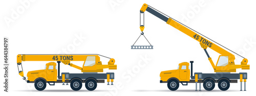 Crane truck. Side view with two positions - folded transport and  lifting the load. Construction vehicle - easy editing vector mockup for animation and illustrations. Lifting machine isolated on white