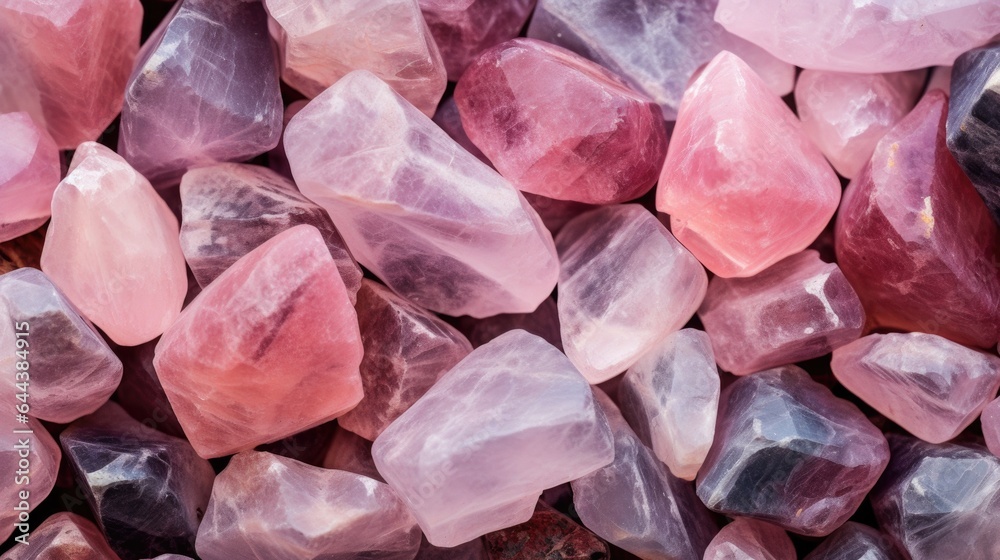 Raw unprocessed chunks of light pink rose quartz and jasper crystal rocks, geological mineral texture - generative AI Raw unprocessed chunks of light pink rose quartz and jasper crystal rocks, geological mineral texture - generative AI