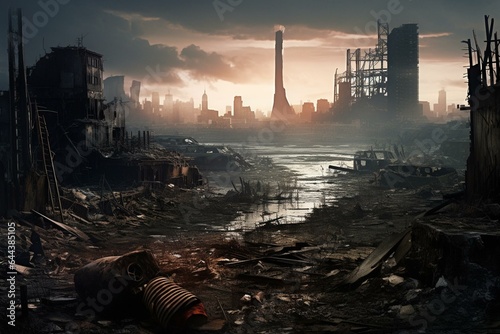 Devastated post-apocalyptic cityscape with ruined buildings and technology amidst a wasteland. Generative AI