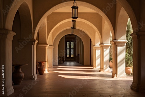 A bright light filters into a dark chamber with arches and columns on either side of the entryway. Generative AI