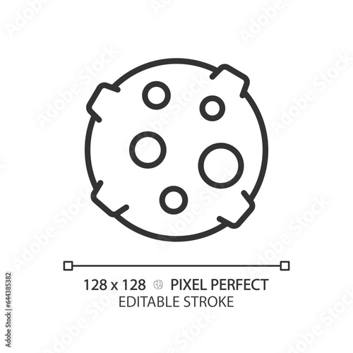 Moon pixel perfect linear icon. Lunar science. Earth satellite. Outer space. Celestial body. Astronomy education. Thin line illustration. Contour symbol. Vector outline drawing. Editable stroke