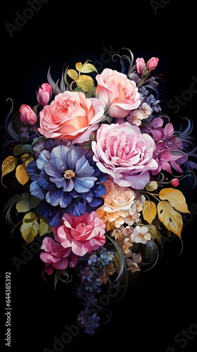 Beautiful watercolor bouquet of flowers on a black background.