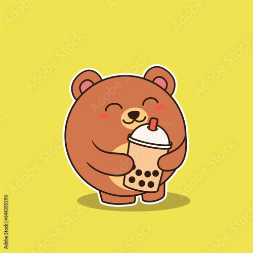 Cute Bear Hugging Bubble Tea Vector Illustration