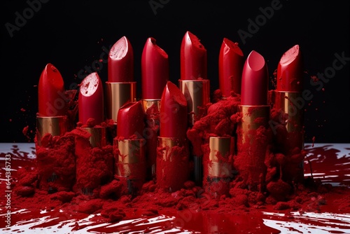 damaged crimson lipsticks on smeared lipstick backdrop. Generative AI